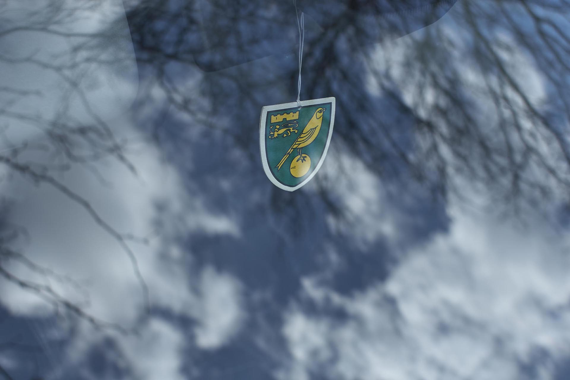 Random objects and places. Norwich Football Club Air Freshener in car windscreen.