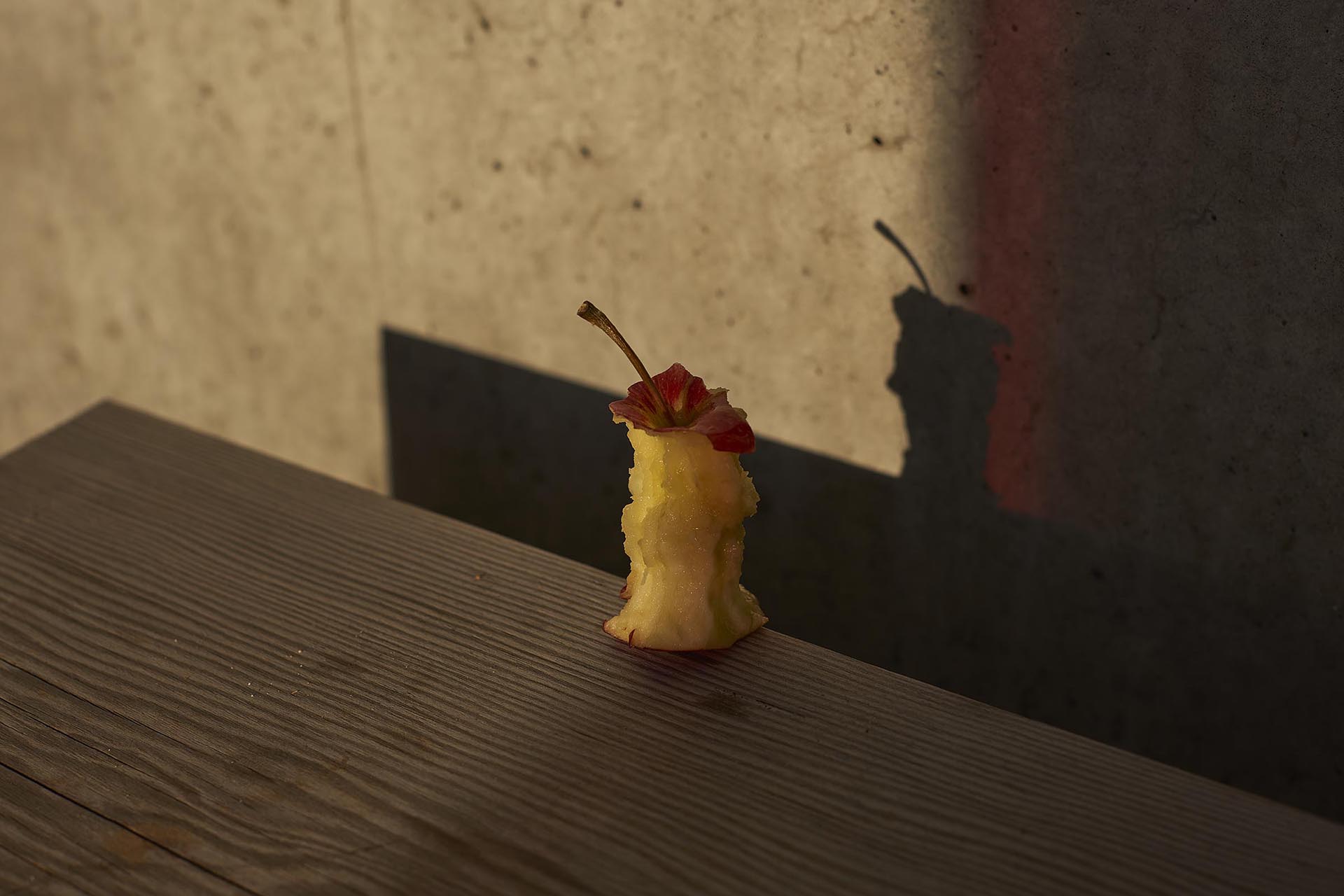 Random objects and places. Apple core left in the light of an art installation.